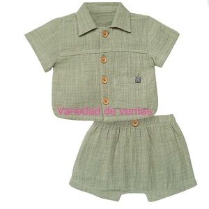 Green Button-Up Shirt and Shorts Set
